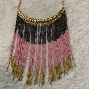 Women's multi tone nickel and lead free chain fringe, statement piece necklace
